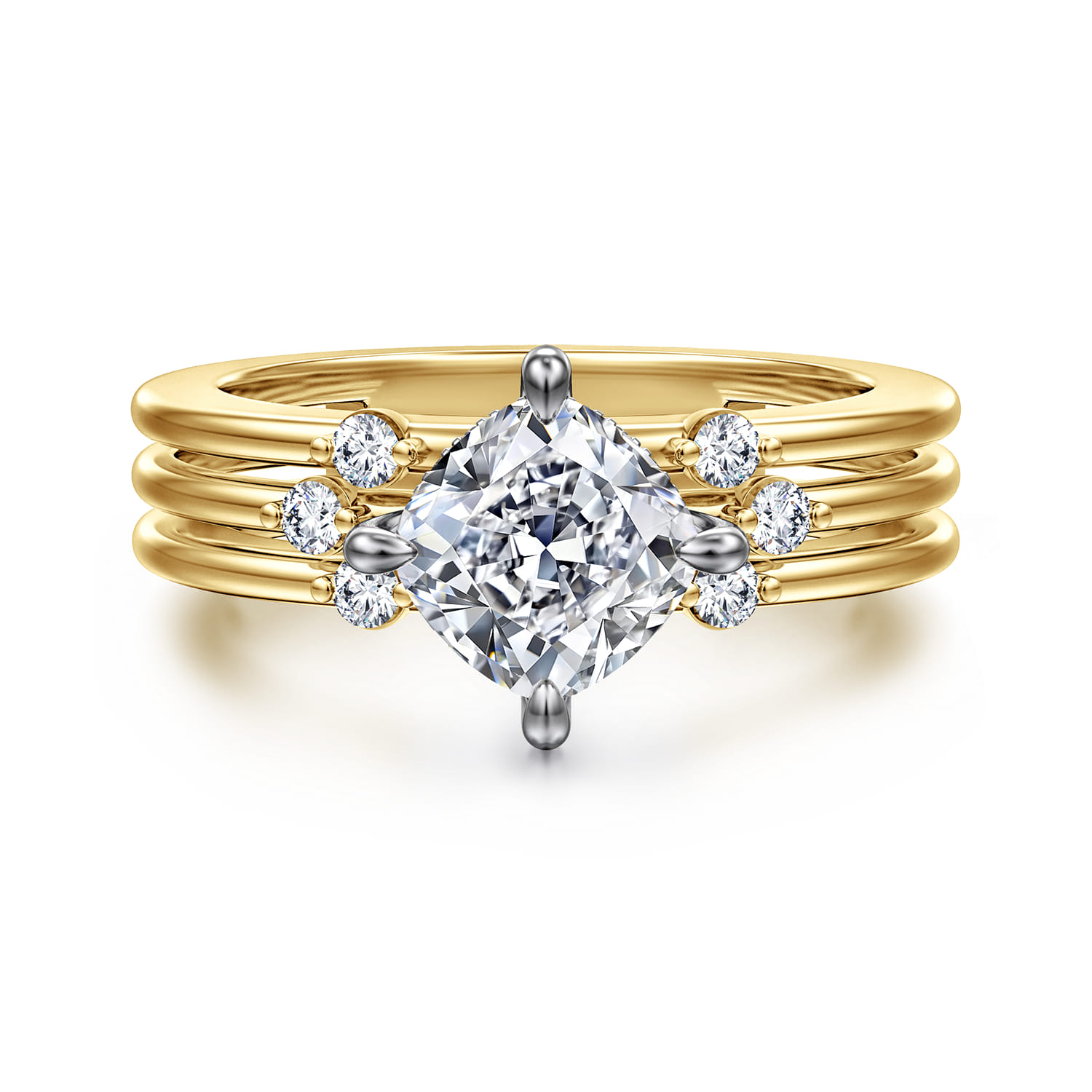 Editta - 14K White-Yellow Gold Compass Prong Cushion Cut Diamond Engagement Ring