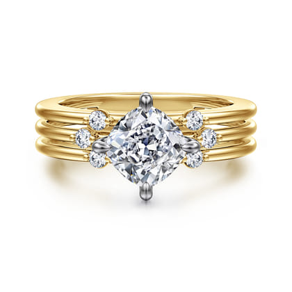 Editta - 14K White-Yellow Gold Compass Prong Cushion Cut Diamond Engagement Ring