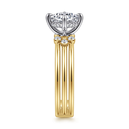 Editta - 14K White-Yellow Gold Compass Prong Cushion Cut Diamond Engagement Ring