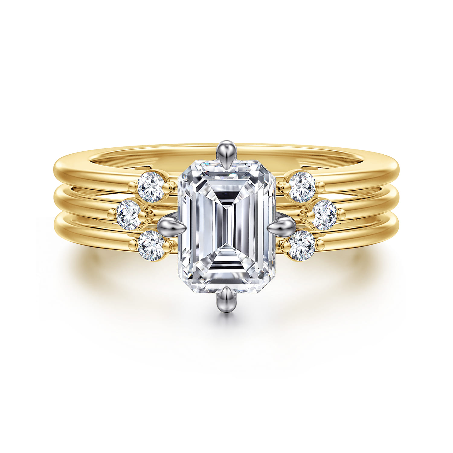 Editta - 14K White-Yellow Gold Compass Prong Emerald Cut Diamond Engagement Ring