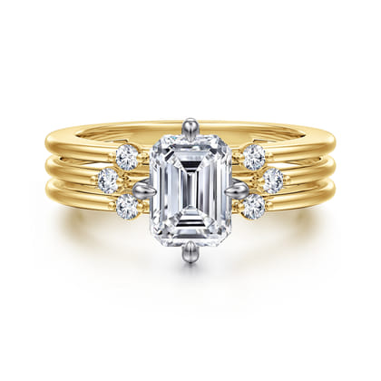 Editta - 14K White-Yellow Gold Compass Prong Emerald Cut Diamond Engagement Ring