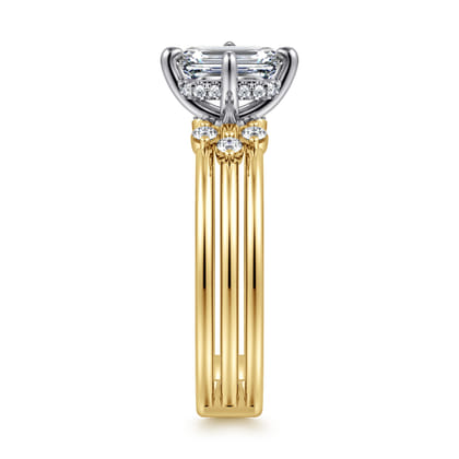 Editta - 14K White-Yellow Gold Compass Prong Emerald Cut Diamond Engagement Ring