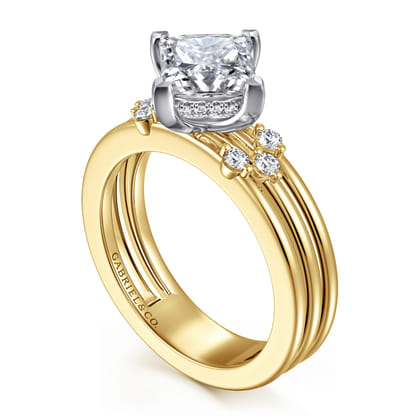Editta - 14K White-Yellow Gold Compass Prong Emerald Cut Diamond Engagement Ring