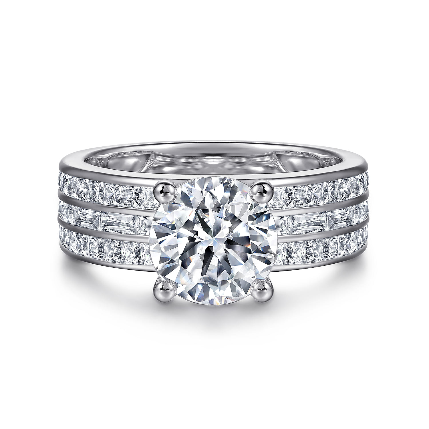 Eedie - 14K White Gold Round Wide Band Diamond Engagement Ring