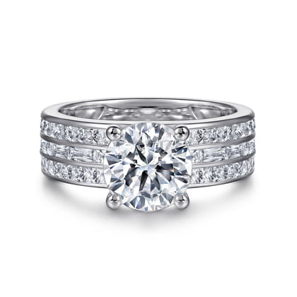 Eedie - 14K White Gold Round Wide Band Diamond Engagement Ring