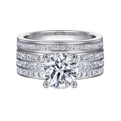 Eedie - 14K White Gold Round Wide Band Engagement Ring