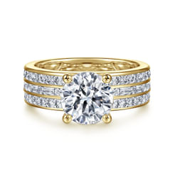 14K Yellow Gold Round Wide Band Diamond  Engagement Ring