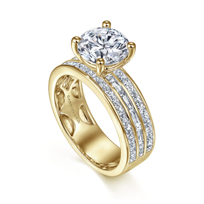 Eedie - 14K Yellow Gold Round Wide Band Diamond Engagement Ring