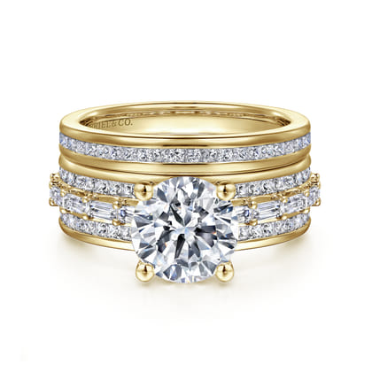 Eedie - 14K Yellow Gold Round Wide Band Diamond Engagement Ring