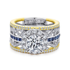 Efron - 14K White-Yellow Gold Round Halo Sapphire and Diamond Channel Set Engagement Ring