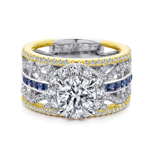 Efron - 14K White-Yellow Gold Round Halo Sapphire and Diamond Channel Set Engagement Ring
