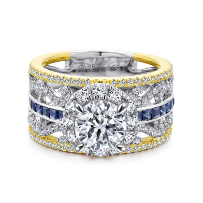 Efron - 14K White-Yellow Gold Round Halo Sapphire and Diamond Channel Set Engagement Ring