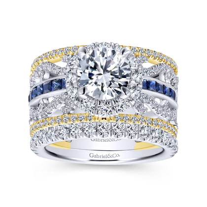 Efron - 14K White-Yellow Gold Round Halo Sapphire and Diamond Channel Set Engagement Ring