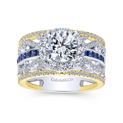 Efron - 14K White-Yellow Gold Round Halo Sapphire and Diamond Channel Set Engagement Ring