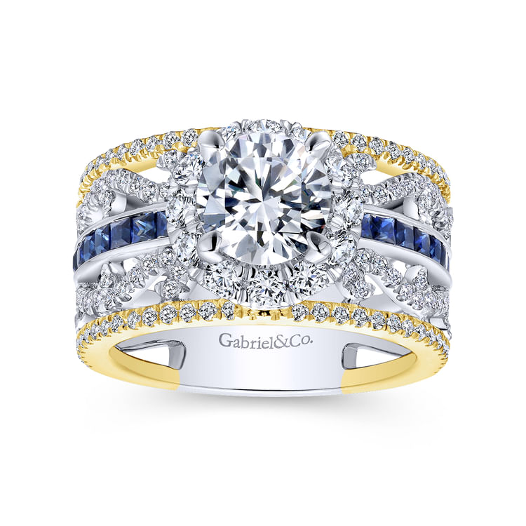 Efron - 14K White-Yellow Gold Round Halo Sapphire and Diamond Channel Set Engagement Ring