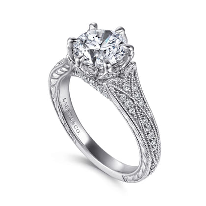 Elanie - Vintage Inspired 14K White Gold Round Diamond Engagement Ring