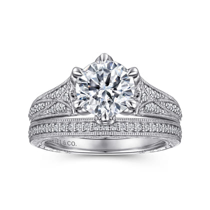Elanie - Vintage Inspired 14K White Gold Round Diamond Engagement Ring