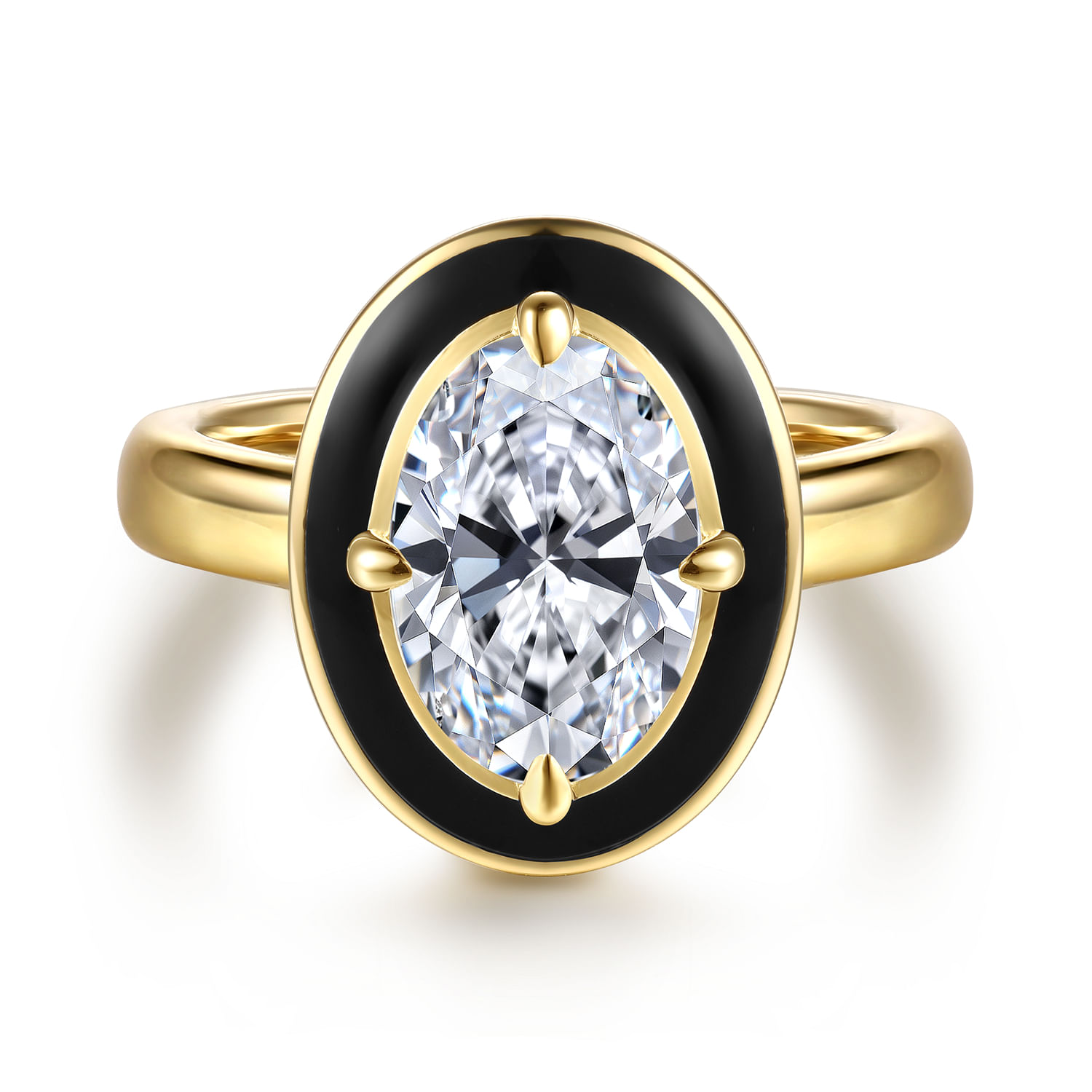 Eli - 14K Yellow Gold Black Enamel Compass Prong Oval Diamond Engagement Ring