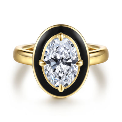 Eli - 14K Yellow Gold Black Enamel Compass Prong Oval Diamond Engagement Ring