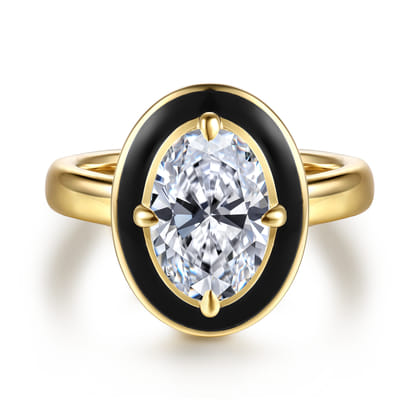 Eli - 14K Yellow Gold Black Enamel Compass Prong Oval Diamond Engagement Ring
