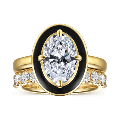Eli - 14K Yellow Gold Black Enamel Compass Prong Oval Diamond Engagement Ring