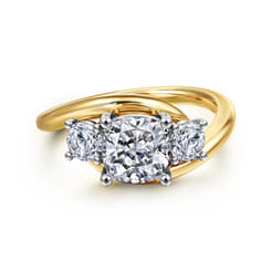 Elin - 14K White-Yellow Gold Cushion Cut Three Stone Diamond Engagement Ring