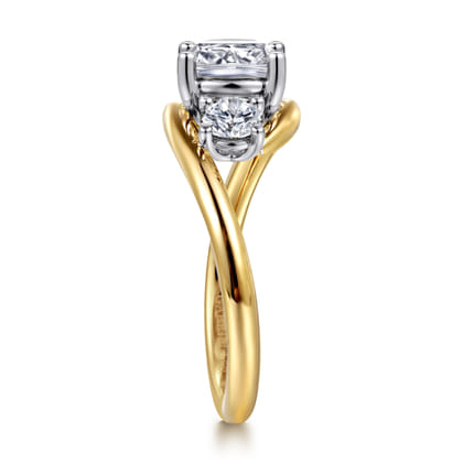 Elin - 14K White-Yellow Gold Cushion Cut Three Stone Diamond Engagement Ring