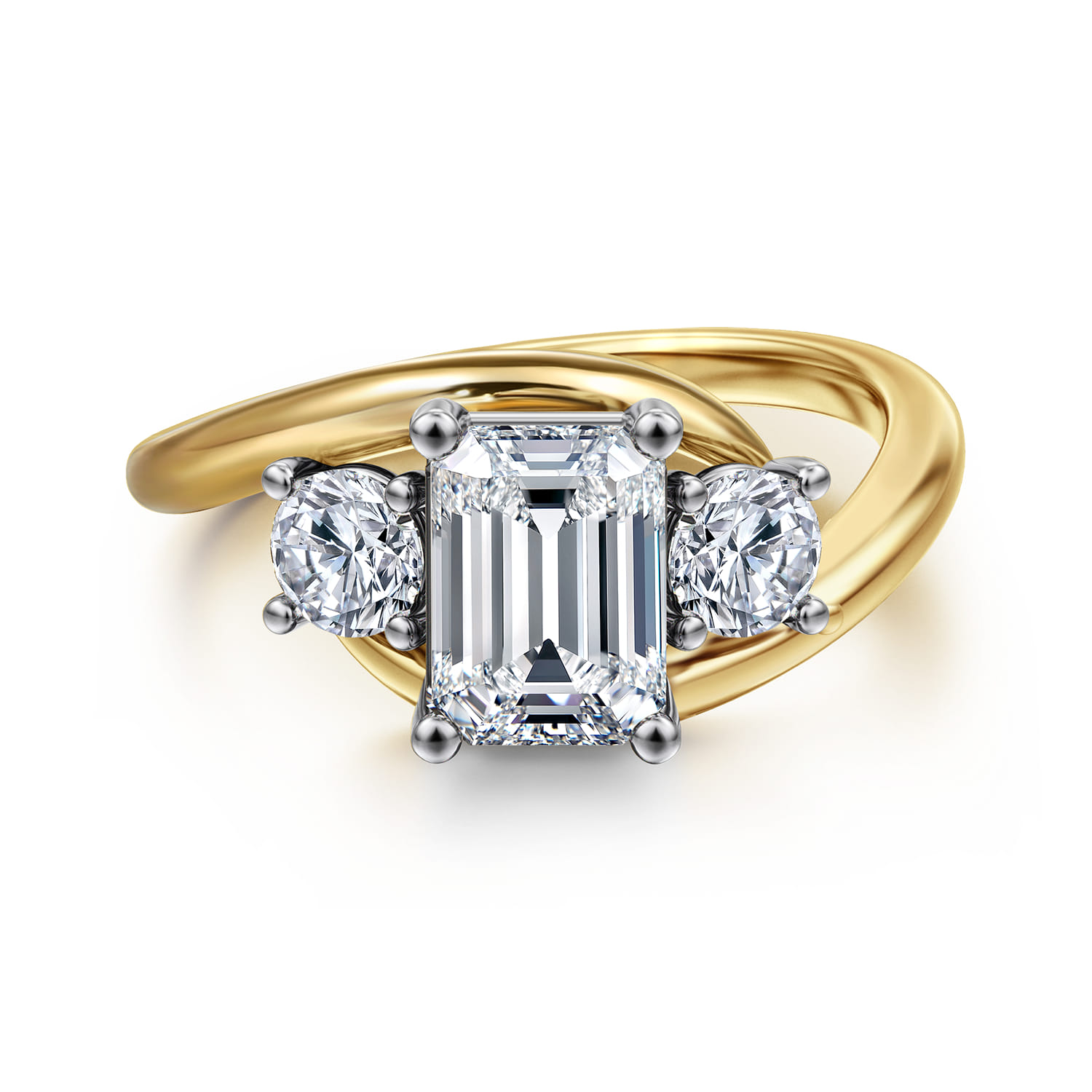 Elin - 14K White-Yellow Gold Emerald Cut Three Stone Diamond Engagement Ring