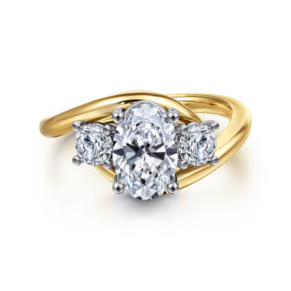 Elin - 14K White-Yellow Gold Oval Three Stone Diamond Engagement Ring