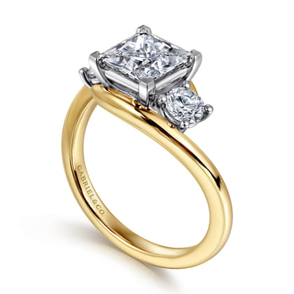 Elin - 14K White-Yellow Gold Princess Cut Three Stone Diamond Engagement Ring