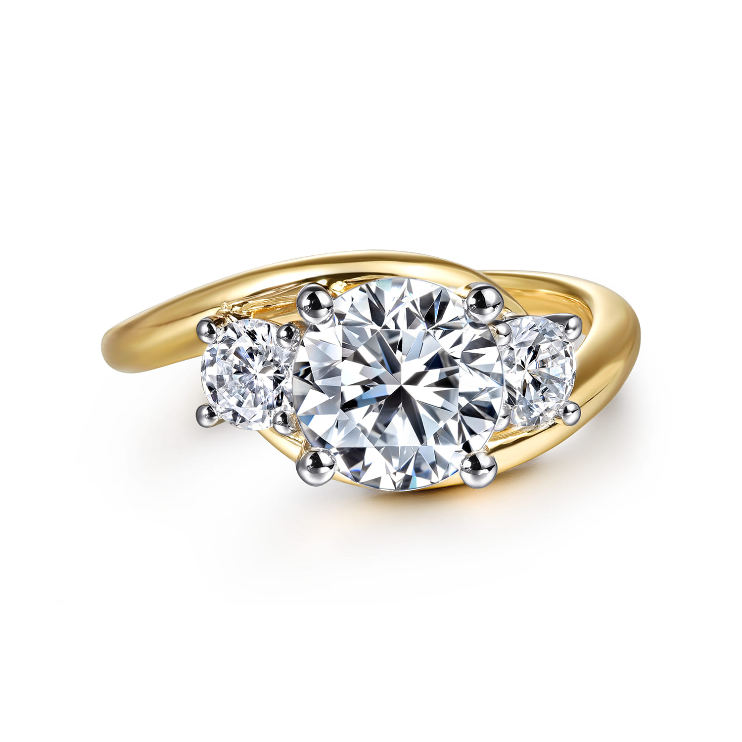 Elin - 14K White-Yellow Gold Round Bypass Three Stone Diamond Engagement Ring