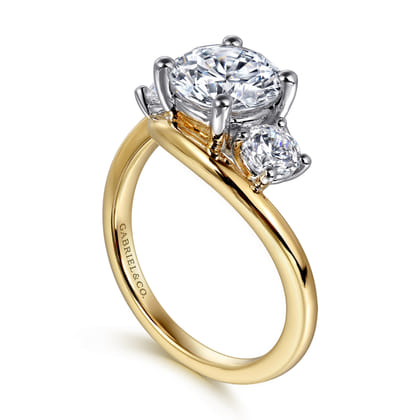 Elin - 14K White-Yellow Gold Round Bypass Three Stone Diamond Engagement Ring