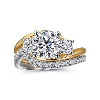 Elin - 14K White-Yellow Gold Round Bypass Three Stone Diamond Engagement Ring