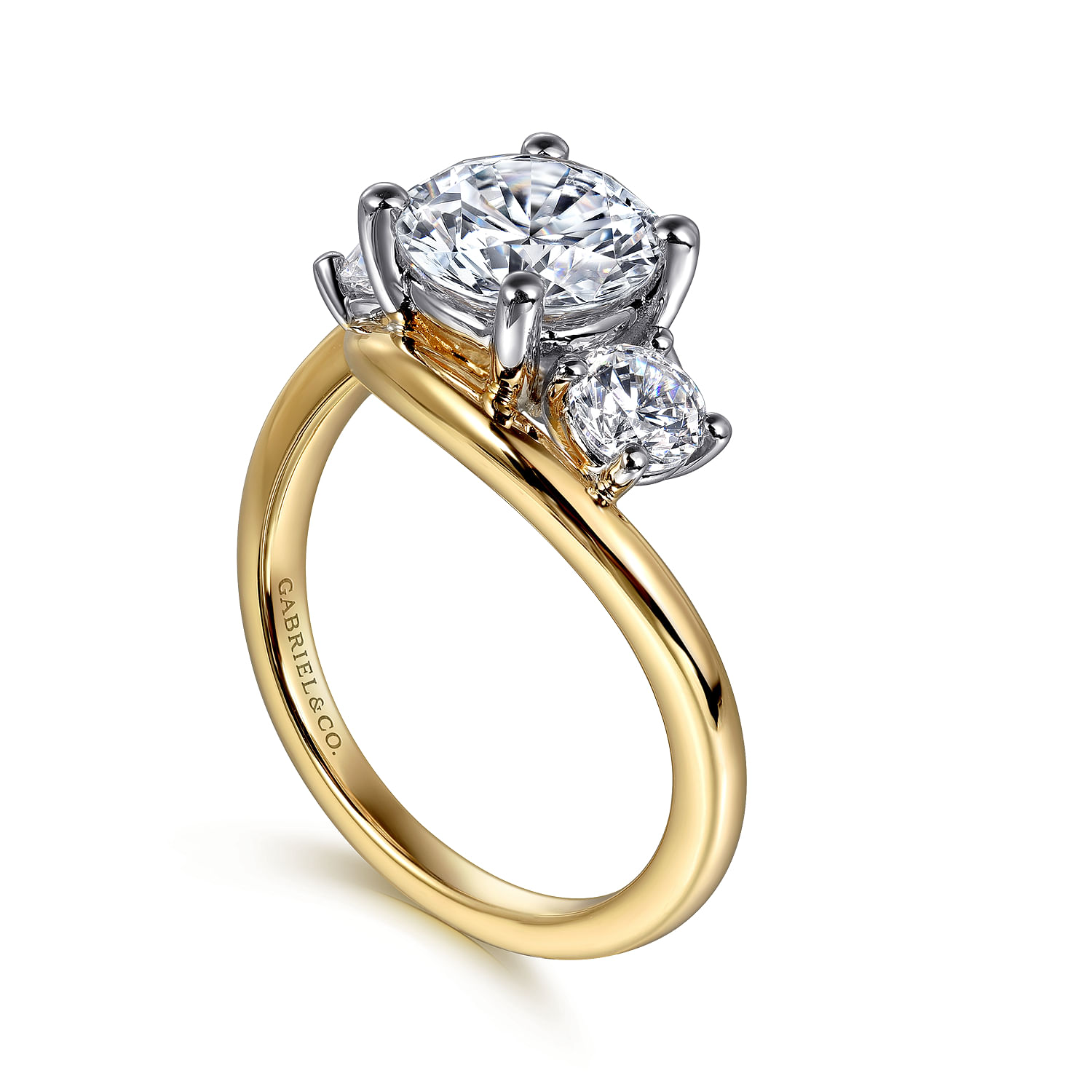 Elin - 14K White-Yellow Gold Round Three Stone Diamond Engagement Ring