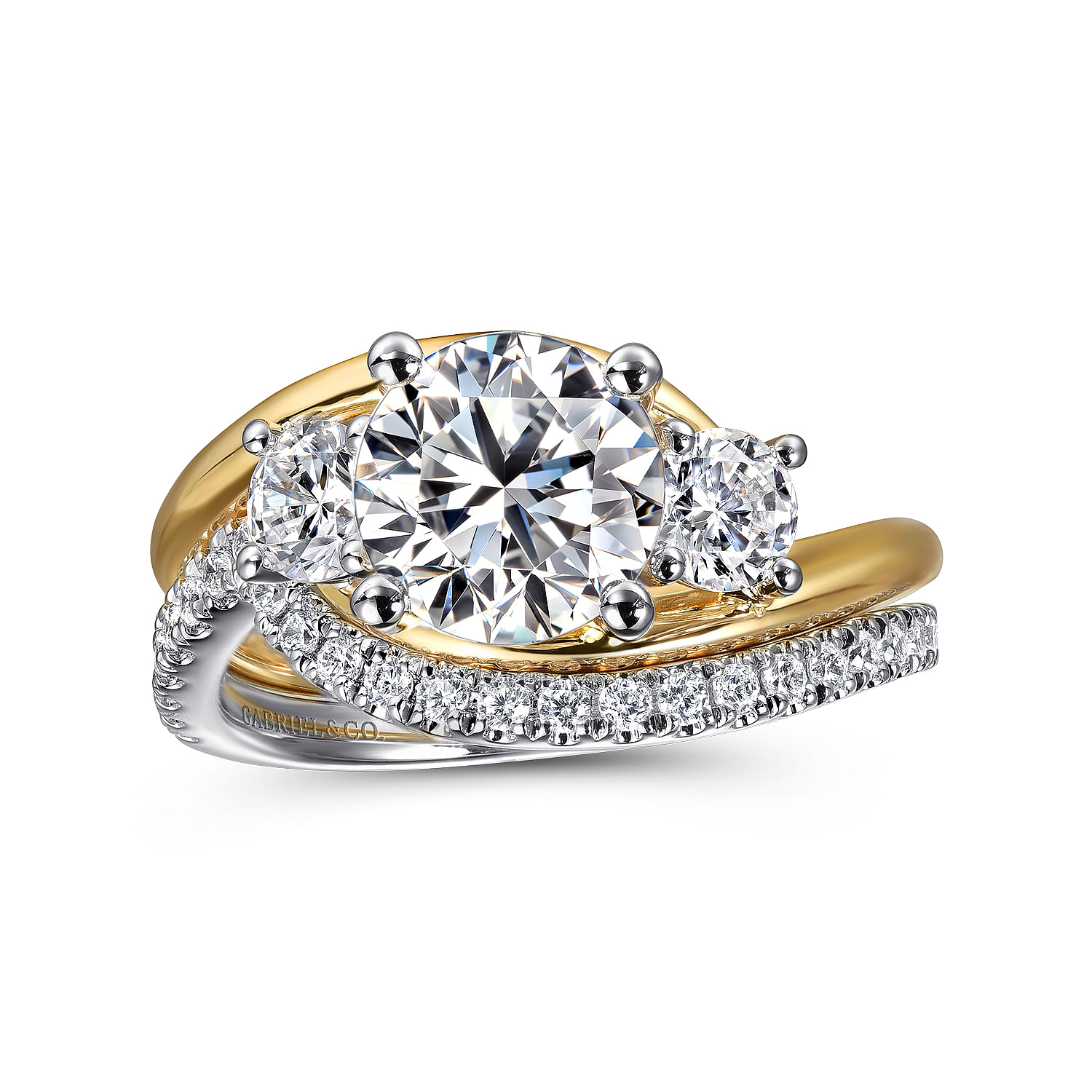 Elin - 14K White-Yellow Gold Round Three Stone Diamond Engagement Ring