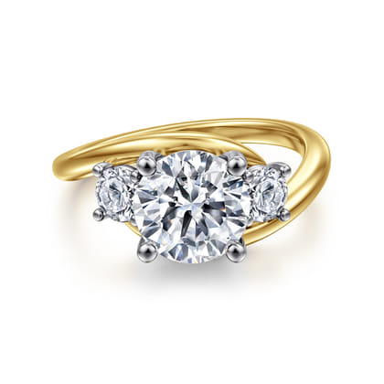 Elin - 14K White-Yellow Gold Round Three Stone Diamond Engagement Ring
