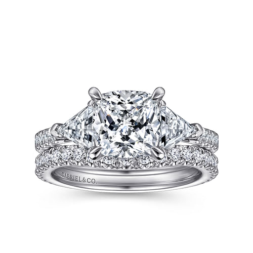 Elina - 14K White Gold Cushion Cut Three Stone Diamond Engagement Ring - 0.67 ct - Shot 4