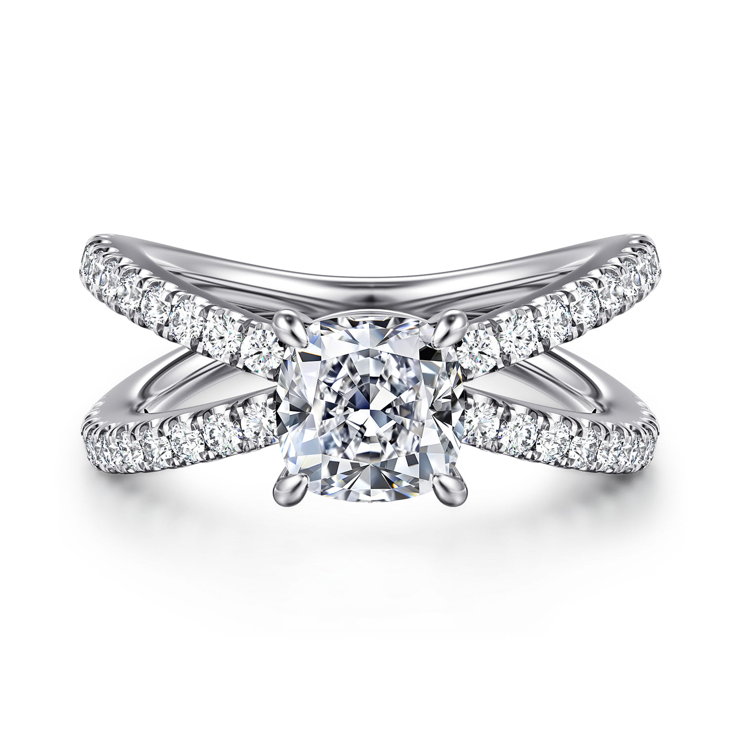 Elite - 14K White Gold Split Shank Cushion Cut Diamond Engagement Ring