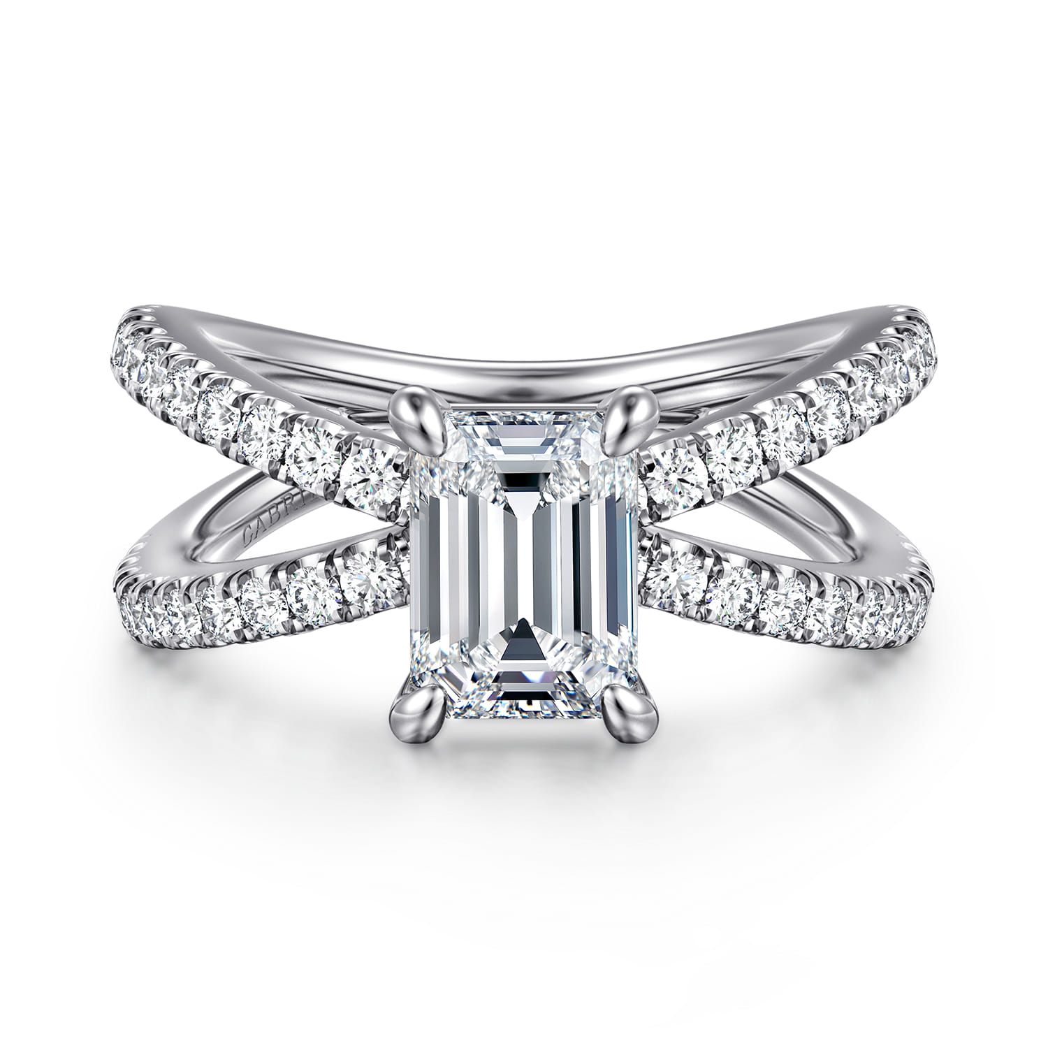 Elite - 14K White Gold Split Shank Emerald Cut Diamond Engagement Ring