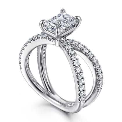 Elite - 14K White Gold Split Shank Emerald Cut Diamond Engagement Ring