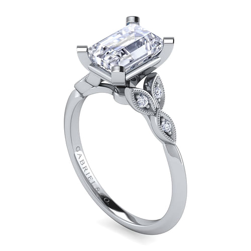 Eliza - Vintage Inspired 14K White Gold Split Shank Emerald Cut Diamond Engagement Ring - 0.07 ct - Shot 3
