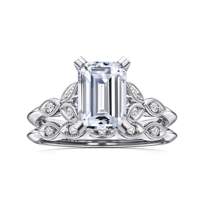 Eliza - Vintage Inspired 14K White Gold Split Shank Emerald Cut Diamond Engagement Ring