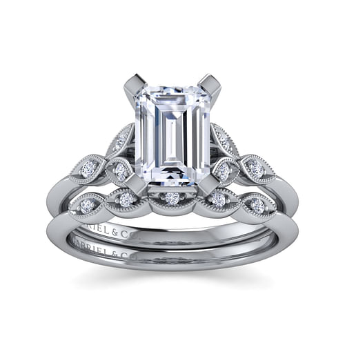 Eliza - Vintage Inspired 14K White Gold Split Shank Emerald Cut Diamond Engagement Ring - 0.07 ct - Shot 4