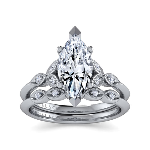 Eliza - Vintage Inspired 14K White Gold Split Shank Marquise Shape Diamond Engagement Ring - 0.07 ct - Shot 4