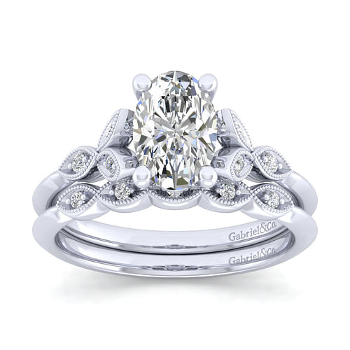 Eliza - Vintage Inspired 14K White Gold Split Shank Oval Diamond Engagement Ring - 0.07 ct - Shot 4