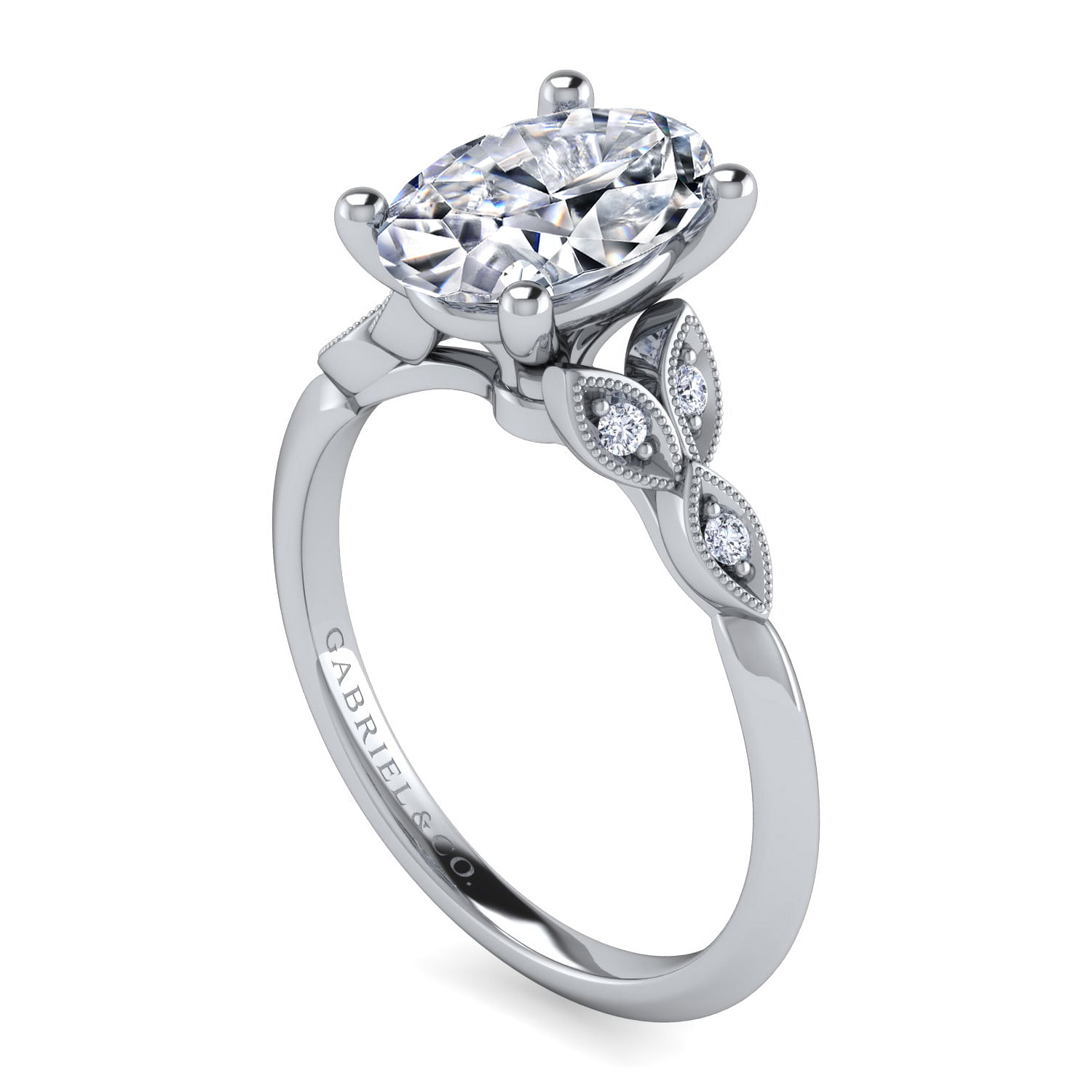 Eliza - Vintage Inspired 14K White Gold Split Shank Oval Diamond Engagement Ring - 0.07 ct - Shot 3