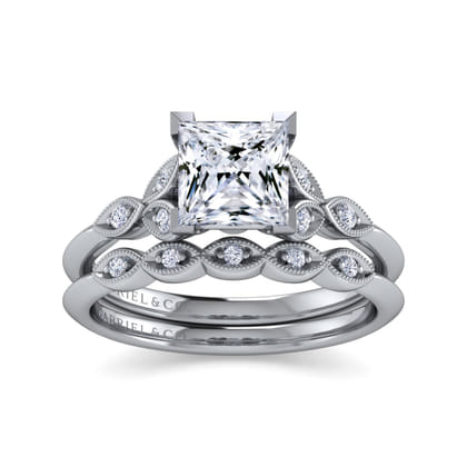 Eliza - Vintage Inspired 14K White Gold Split Shank Princess Cut Diamond Engagement Ring