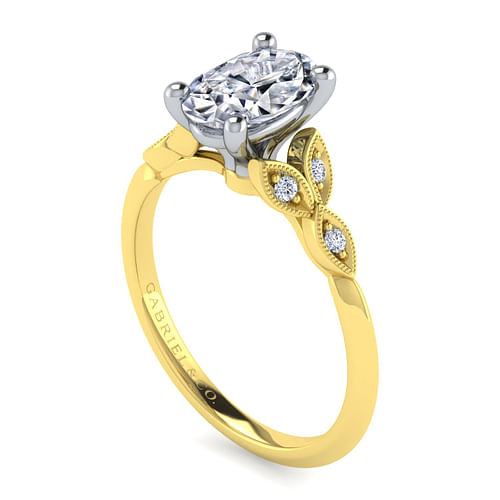Eliza - Vintage Inspired 14K White-Yellow Gold Split Shank Oval Diamond Engagement Ring - 0.07 ct - Shot 3