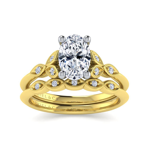 Eliza - Vintage Inspired 14K White-Yellow Gold Split Shank Oval Diamond Engagement Ring - 0.07 ct - Shot 4
