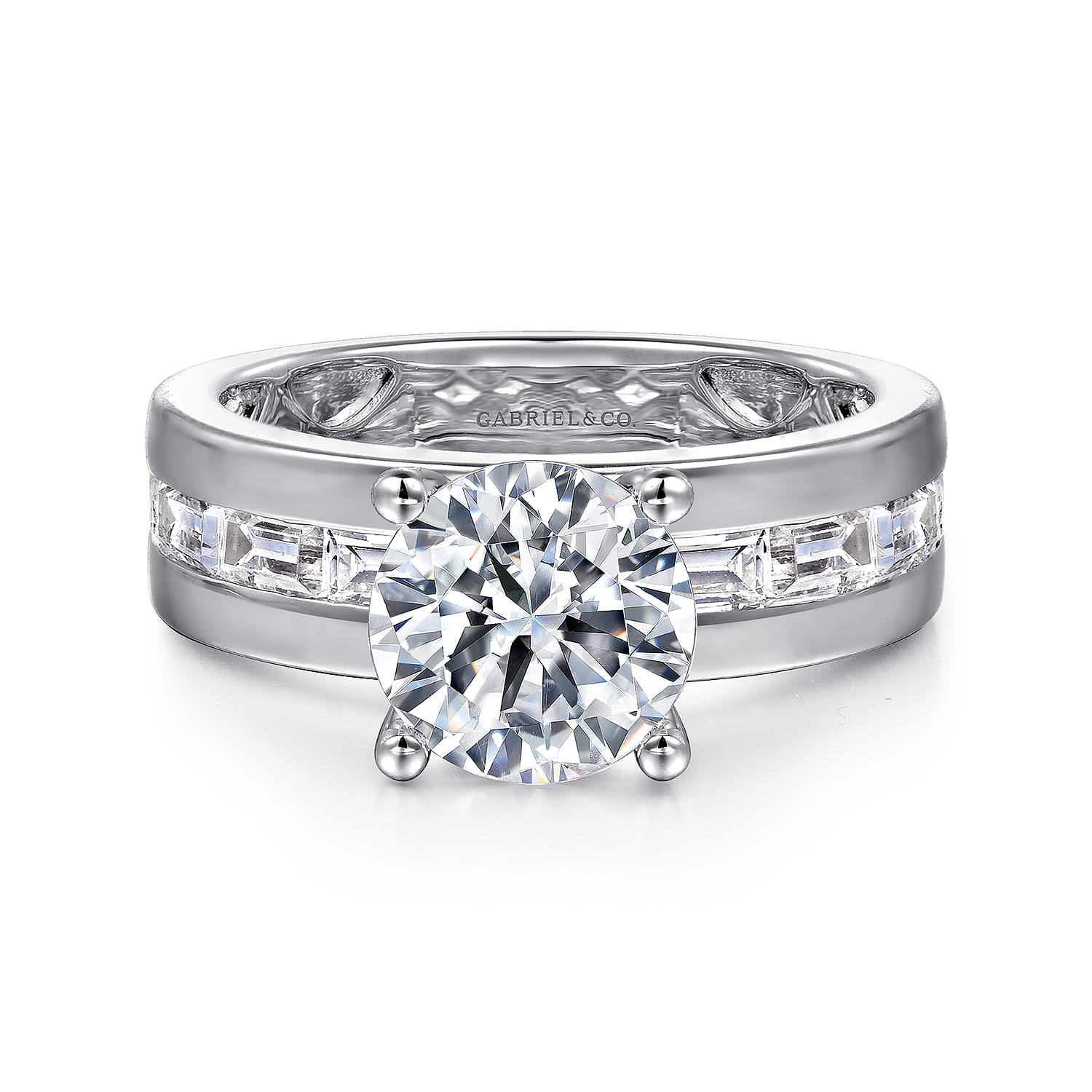 Elsaa - 14K White Gold Channel Set Baguette Round Diamond Engagement Ring